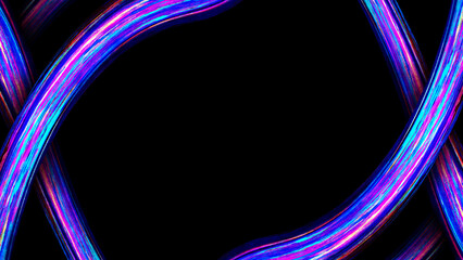 Dynamic abstract background featuring curved neon light trails in blue and magenta forming a circular frame on black backdrop