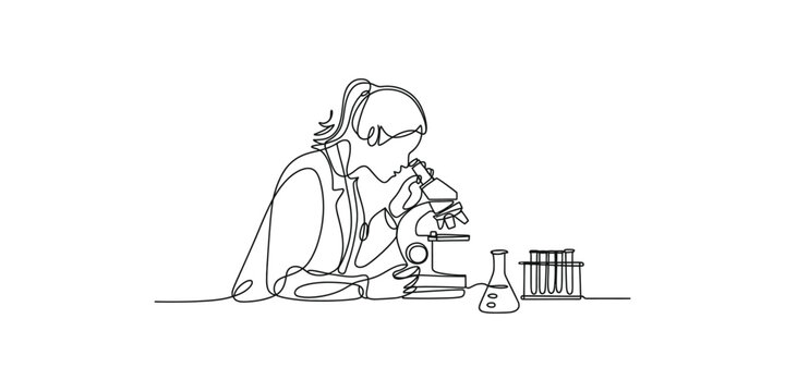 Continuous line drawing of a female researcher conducting an experiment in a laboratory isolated on transparent background