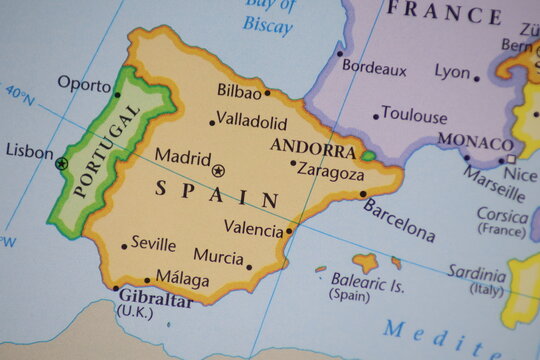 Spain and Portugal Political Map Close Up. Madrid, Lisbon, Barcelona on Atlas. Iberian Peninsula Geography. Southern Europe Travel Destination, Gibraltar and Mediterranean Sea Border Concept.