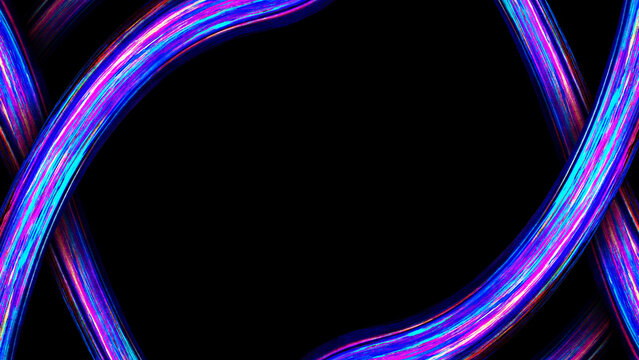 Dynamic abstract background featuring curved neon light trails in blue and magenta forming a circular frame on black backdrop - Powered by Adobe