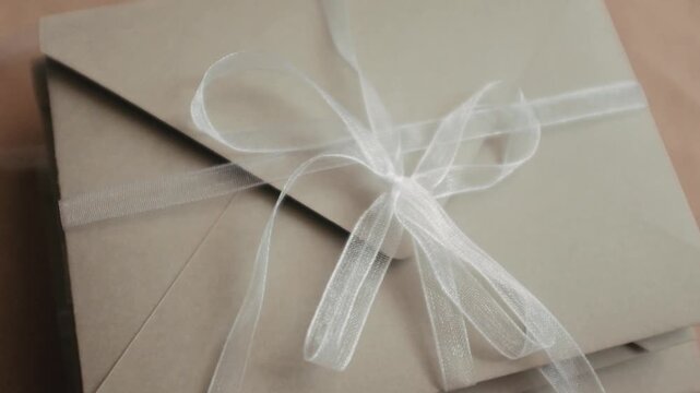 Sage green cardboard envelope with white transparent lace ribbon and a bow. Holiday, birthday, Christmas or wedding elegant greeting card, invitation, gift card or present.