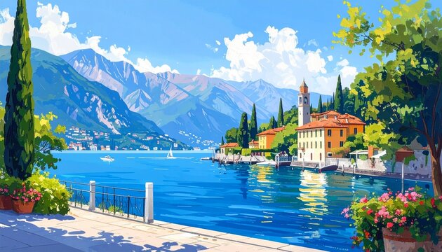hand drawn gouache painting of lake como scenery. landscape painting with blue water