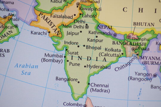India and Pakistan Political Map Close Up Focus on New Delhi and Borders - Educational Geography Concept for South Asian Geopolitics, Economic Growth, Travel Planning and International Relations
