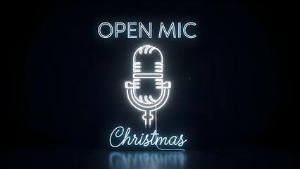 Neon Glowing Open Mic Christmas Sign with Retro Microphone Illustration