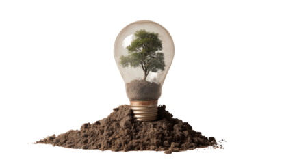 A tree encapsulated inside a lightbulb, nestled in a pile of soil, against a black background
