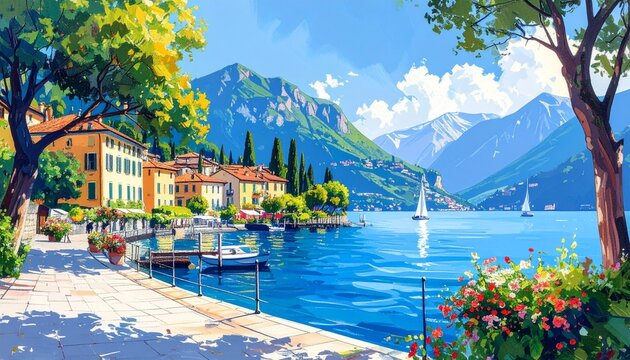 hand drawn gouache painting of lake como scenery. landscape painting with blue water