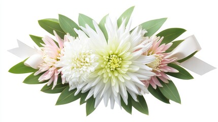 A beautiful floral arrangement featuring white and pink chrysanthemums surrounded by green leaves, suitable for weddings, decorations, invitations, or greeting cards,