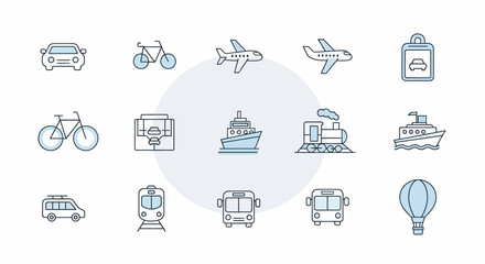 Set of various transportation icons including cars, bicycles, airplanes, trains, and ships.
