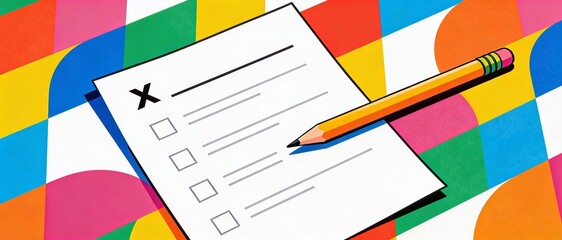 Colorful and Minimalistic Exam Paper with Pencil on Vibrant Pop Art Background in Bright Colors
