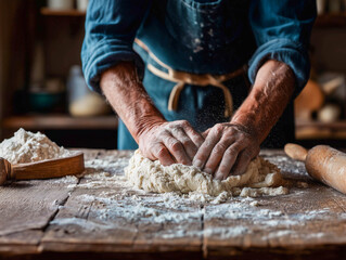 The baker kneads dough on a rustic wooden table. AI generation