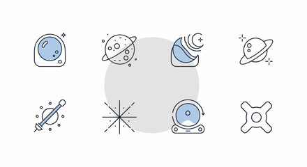 Collection of Minimalist Space and Astronomy Icons with Planets and Stars. © Heruu