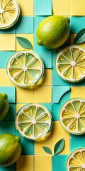 Ripe Lime Slices on Colorful Background with Green and Yellow Tiles in a Seamless, Crafty Style