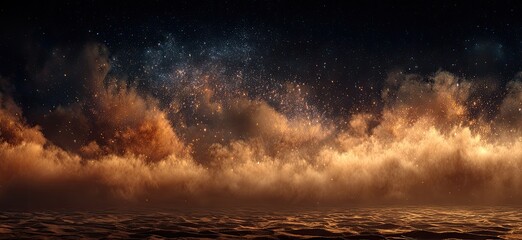 Naklejka premium A panoramic landscape of clouds and a starry night sky above a watery, reflective horizon