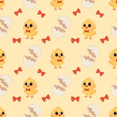 Fototapeta premium Cute yellow baby chicks seamless pattern with red bowties and cracked eggshells on cream background for Easter, spring, nursery wallpaper, and textile design.