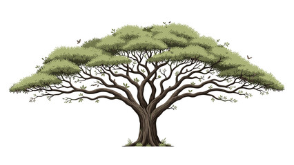 Majestic, wide acacia tree stands alone, boasting numerous intricate branches and abundant green leaves, symbolizing resilience and natural beauty.