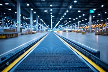 Fototapeta premium Conveyor belt in a large warehouse during busy hours