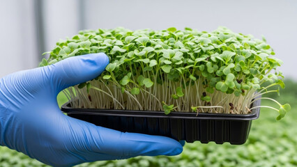 Gloved hand holding a black tray of fresh microgreens with white stems and green leaves. Sustainable farming, hydroponics, nutrition, eco branding, agriculture.