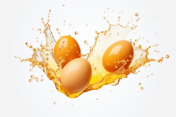 Three fresh eggs splashing in orange liquid creating dynamic splashes on a clean white background