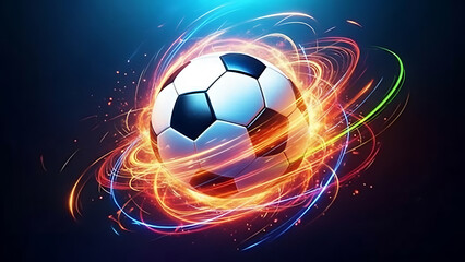 Naklejka premium Dynamic Glowing Soccer Ball with Neon Light Rings on Beautiful Background