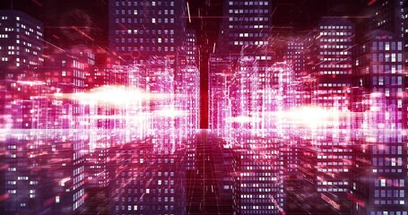 Digital metropolis wireframe leading into contemporary server room view. Digital virtual world 3D concept animation. - Powered by Adobe