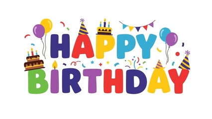 Happy Birthday Colorful Text with Decorations.
