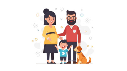 Happy family with pregnant mother, father, child, and dog.