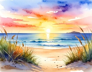 hand drawn watercolor painting of sunset beach and grass. Seascape painting 