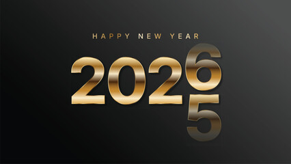 Happy New Year 2026 golden typography transition from 2025 on elegant black background, simple premium and luxury new year template design, EPS vector
