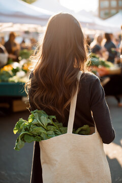 Woman with long hair carrying a reusable tote bag filled with fresh greens at a vibrant outdoor market, surrounded by colorful produce and lively shoppers enjoying the atmosphere