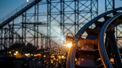 Industrial roller coaster at dusk lights.
