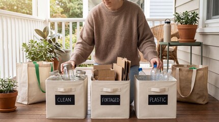 Person Sorting Recyclables Into Bins Labeled Clean And Plastic On Porch