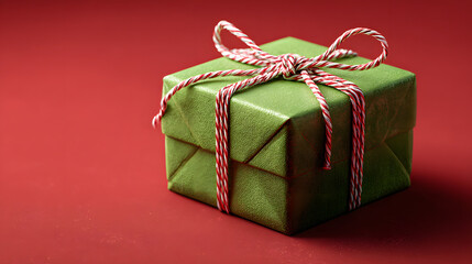 Green gift box with red and white twine bow on red background.