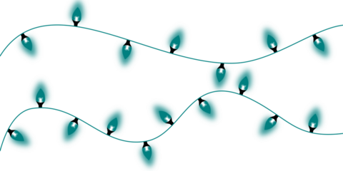 Two wavy strings of glowing teal Christmas lights on a white background, perfect for festive decorations or holiday designs.