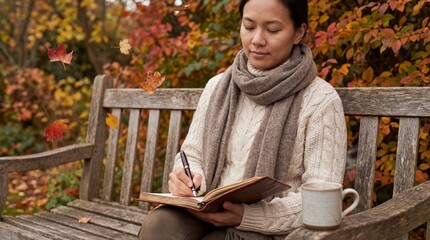 Asian Woman Writing in Notebook on Autumn Park Bench with Coffee and Falling Leaves