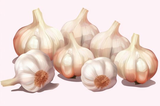 Several garlic bulbs lie on a delicate pink surface, showcasing their natural beauty and culinary appeal