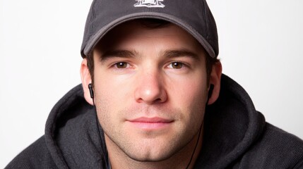 A young man wearing a cap and headphones, looking directly at the camera with a relaxed expression, Ideal for themes related to music, leisure, technology, or youth culture,