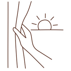 Hand Opening Curtain with Morning Sun Line Illustration
