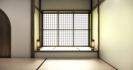 Obraz premium Nihon room design interior with door paper and tatami mat floor room japanese style. 3D rendering