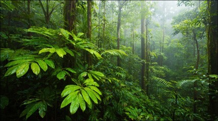 Lush green forest with dense foliage, shrouded in mist, creating a serene and tranquil atmosphere, ideal for nature-themed projects, wellness campaigns, or environmental awareness materials,