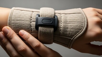 Close-up of Hand Wearing Beige Elastic Wrist Brace for Support and Injury Recovery