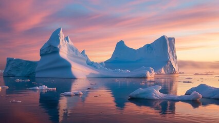 Icebergs in calm water at sunset.