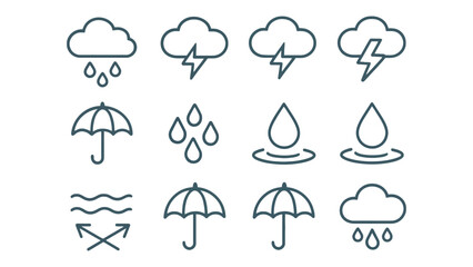 A collection of weather icons including rain, lightning, and umbrellas.