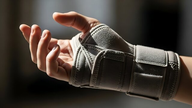 Person's Hand with Medical Wrist Brace for Injury Support and Recovery