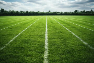Obraz premium Perfectly manicured playing field with crisp white lines under a cloudy sky evokes a sense of potential and competition