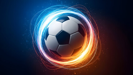 Naklejka premium Dynamic glowing soccer ball with swirling energy light trails and fiery effects on dark background