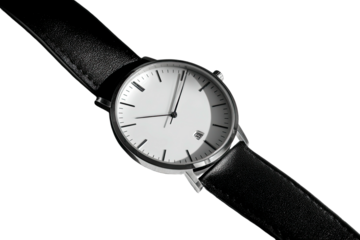 A close-up shot of a wristwatch with a white face and black leather band on a dark background