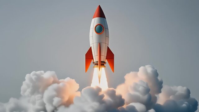 A cartoon-style rocket blasts off amidst fluffy clouds, its bright flames illuminating the scene. The spacecraft, with orange fins and nose, ascends