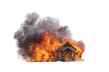 A small wooden structure consumed by raging flames and dense plumes of smoke against black background