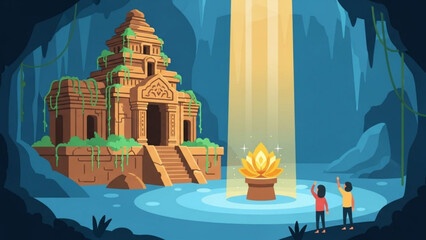 Ancient jungle temple ruins with a glowing lotus artifact inside a cave adventure concept for game design and fantasy illustration