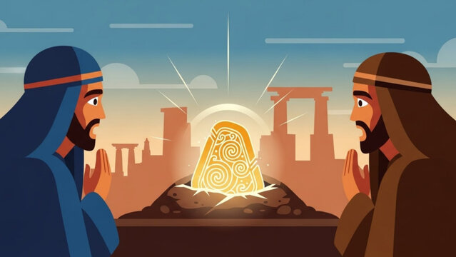 Two men in ancient attire gaze in awe at a glowing ornate stone artifact representing discovery and historical mystery with ruins in the background